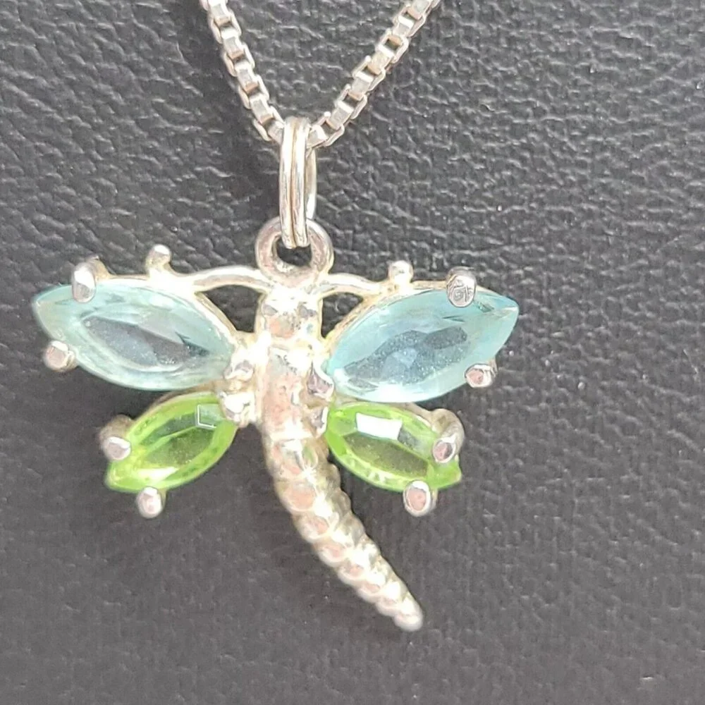 Swarovski Crystal Dragonfly Pendant Necklace 925 Sterling Silver 18" Chain Blue - Picture 2 of 10